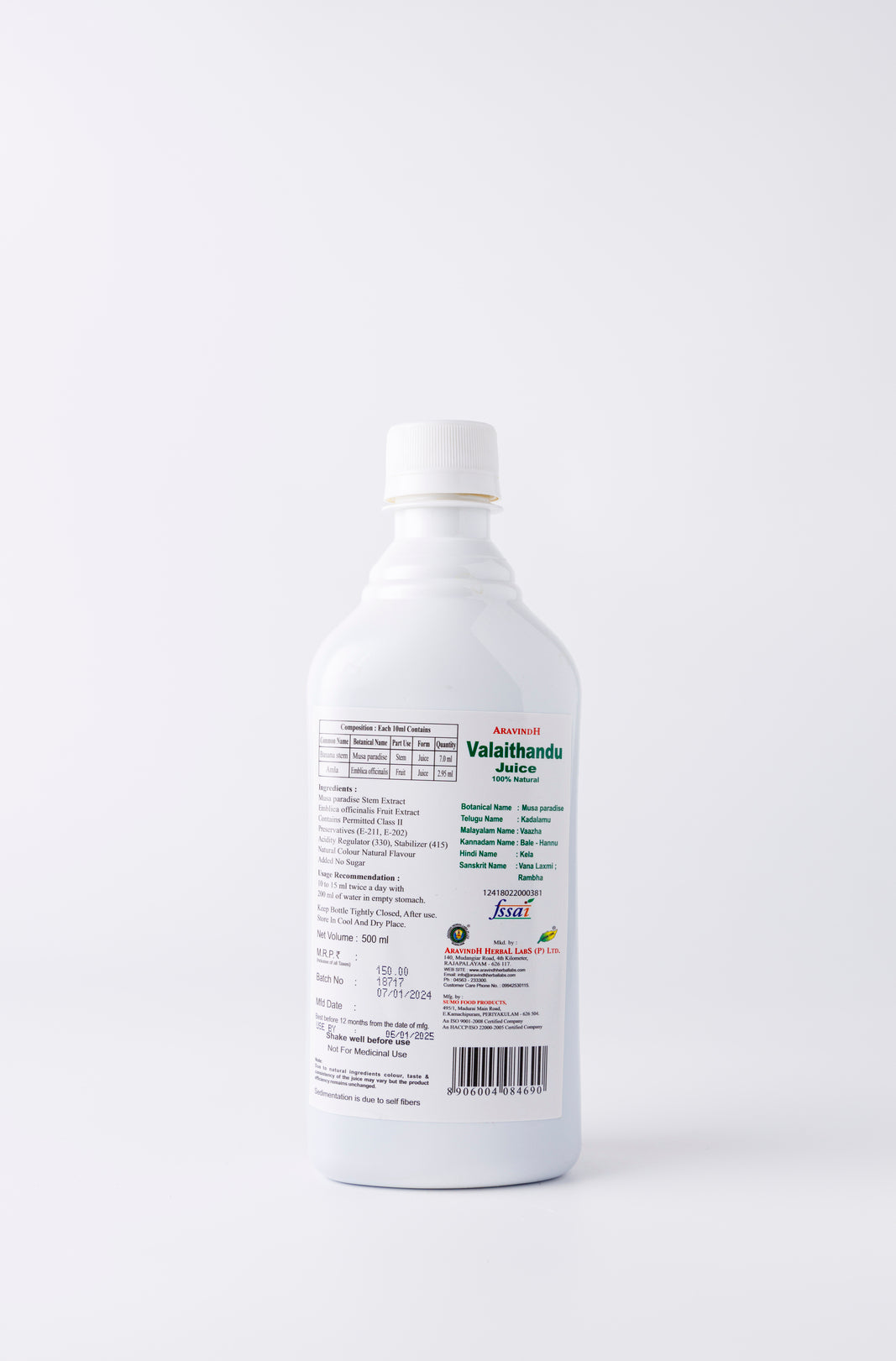 Aravindh Herbal Labs Valaithandu Juice Bottle
