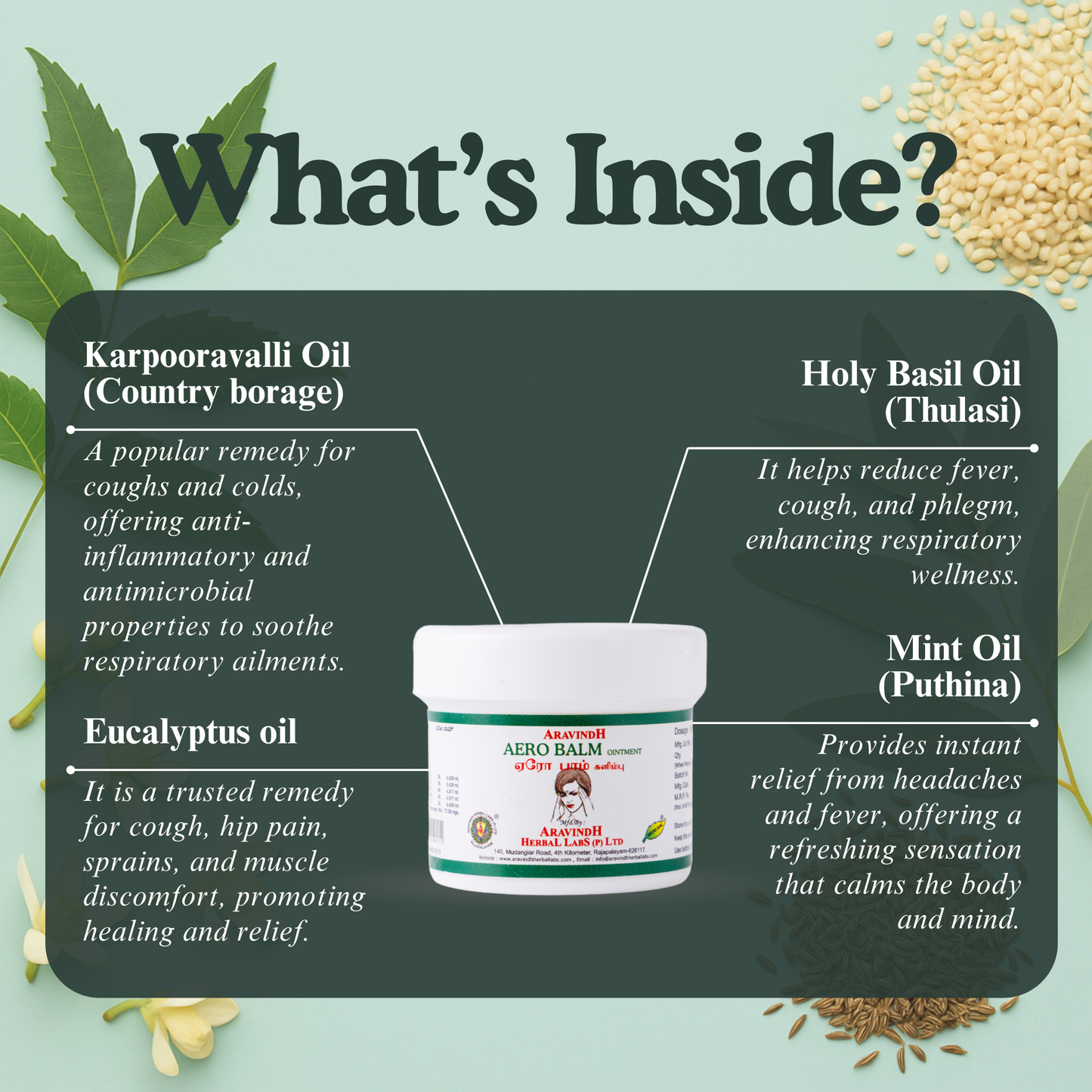 Aerobalm: Herbal ointment relieves body aches and headache symptoms.